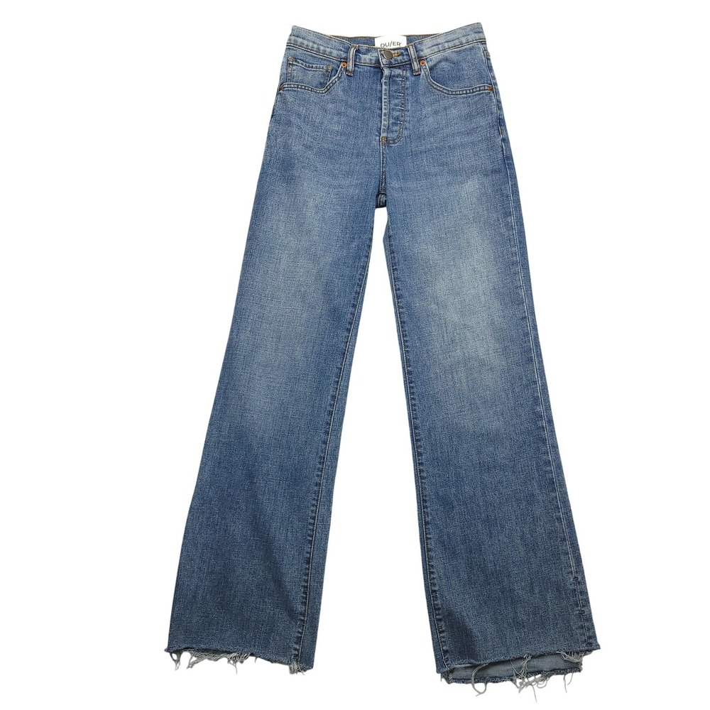 DUER Jeans Womens 26x33 Blue Medium‎ High Rise Straight Button Fly Raw Hem Denim